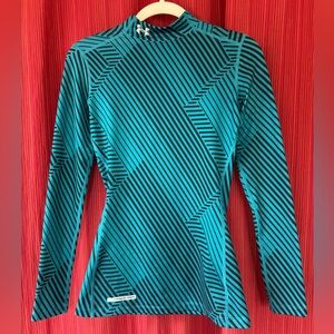 UNDER ARMOUR Coldgear fitted Teal and Black Striped Long Sleeve Mockneck XS